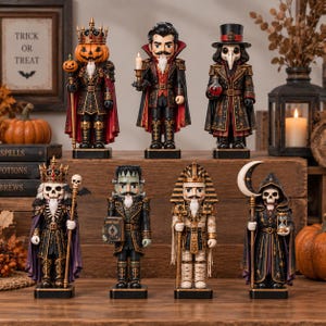 May include: A collection of seven decorative nutcracker figurines featuring Halloween-themed characters including a pumpkin-headed king, a vampire, a plague doctor, a skeleton king, a monster, a mummy, and a hooded figure holding a crescent moon.