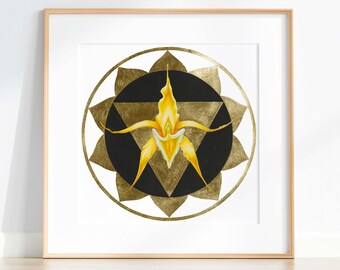 Yoni Flower Painting  •  Solar Plexus •  3rd Chakra • Divine Feminine Watercolor  •  Giclee Print with 24k Gold Leaf  •  Feminist Vulva Art