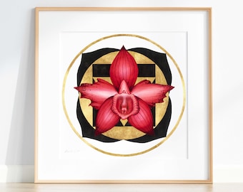 Yoni Blumen Malerei • Wurzel Chakra • Göttlich Weibliches Aquarell • Giclee Print mit 24k Blattgold • Feministische Vulva Art