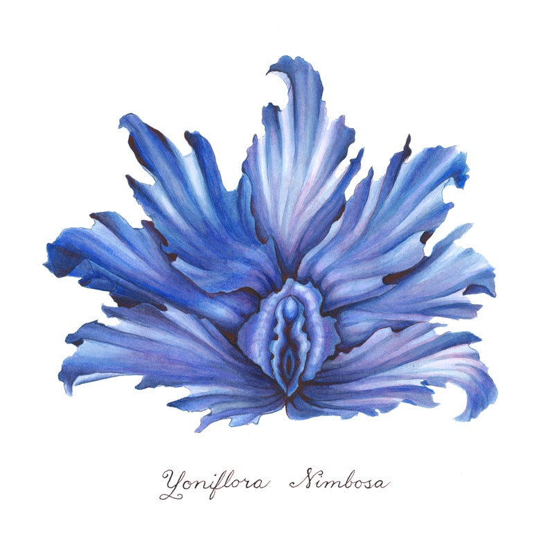 Blue Stormy Yoni Flower Fine Art Watercolor Print / Feminist Botanical Illustration / Vulva / Vagina / Divine Feminine / Sacred / Erotic/ image 2