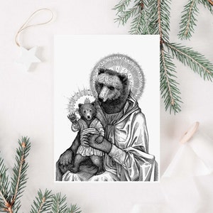 Mama Bär und Jungtier Grußkarte, Original Art, Blanko Notecard, Stift und Tinte, Madonna mit Kind, schwarz und weiß