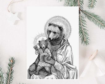 Mama Bear and Cub Greeting Card, Original Art, Blank Notecard, Pen and Ink, Madonna and Child, Black and White