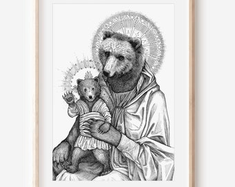 Mama Bear Wall Art- Giclee, Archival, Fine Art Print - Madonna and Cub - Black and White - Pen and Ink Drawing - Mother and Baby