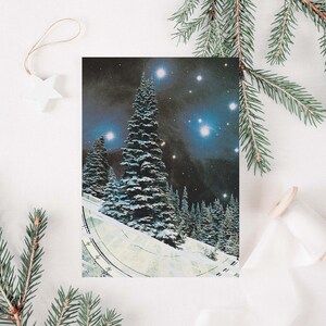 Solstice, carte de voeux pour les fêtes, collage artistique original, arbre à feuilles persistantes, carte de correspondance vierge