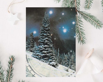 Sonnenwende, Weihnachtsgrußkarte, Original Collage, Immergrüner Baum, Blanko Notecard