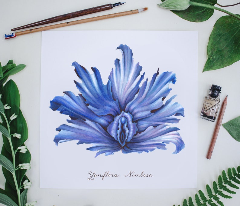 Blue Stormy Yoni Flower Fine Art Watercolor Print / Feminist Botanical Illustration / Vulva / Vagina / Divine Feminine / Sacred / Erotic/ image 4