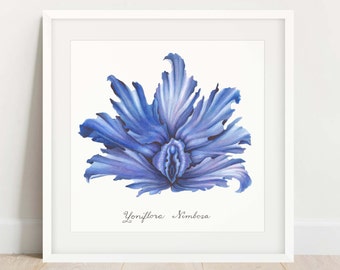 Blue "Stormy Yoni Flower" Fine Art Watercolor Print / Feminist Botanical Illustration / Vulva / Vagina / Divine Feminine / Sacred / Erotic/