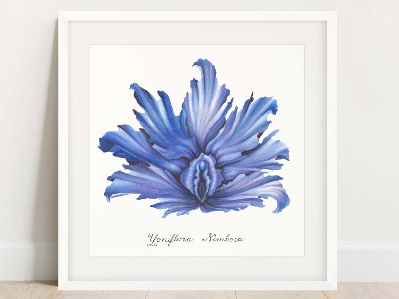 Blue Stormy Yoni Flower Fine Art Watercolor Print / Feminist Botanical Illustration / Vulva / Vagina / Divine Feminine / Sacred / Erotic/ image 1