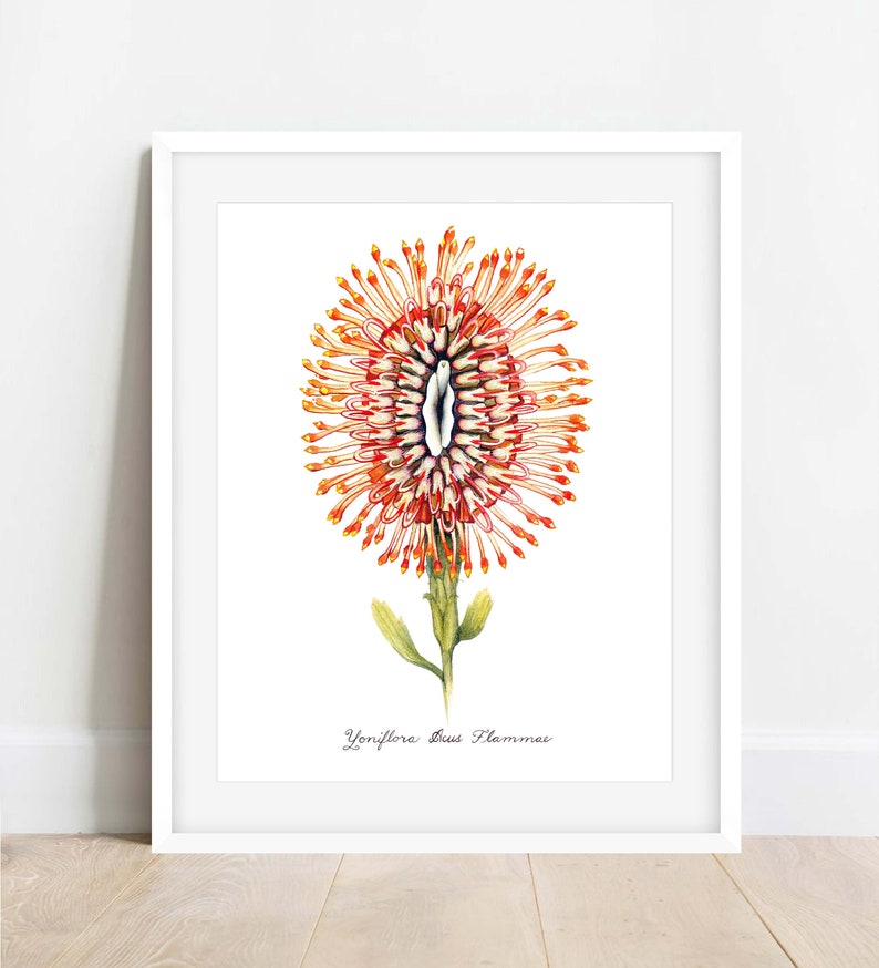 Orange Nadelflamme Yoni Blume Kunstdruck / Feministische botanische Illustration / Vulva / Vagina / göttlich feminin / Heilig / Erotik/ Bild 1