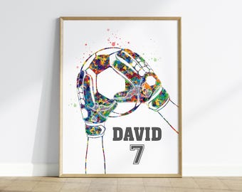 Voetbalkeeper jongen die bal vangt Gepersonaliseerde kunst: voetbaldoelman aquarel aangepaste digitale poster
