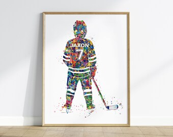 Póster digital personalizado de jugador de hockey sobre hielo con acuarela
