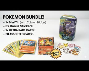 Pokemon Mystery Tin Bundle: 20 Assortierte Karten + 1 Garantiert Ultra Rare + Stickers und Pokemon Mini Tin!