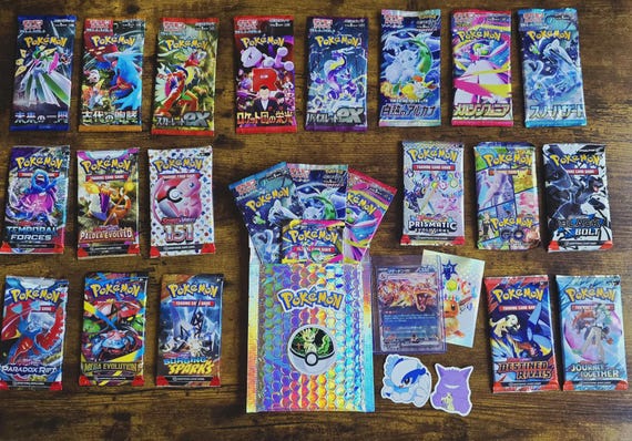Pokemon TCG Mystery Pack, 4 Boosters - English & Japanese, Pokemon Packs + Stickers + Cards + Rare Card Guaranteed!