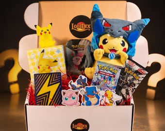 Pokémon-Überraschungsbox-Set mit Boosterpacks, Plüschtier, Figur, Schlüsselanhänger und mehr!