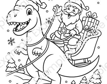 Pagina da colorare di Babbo Natale con dinosauro e slitta stampabile - Divertente attività natalizia per bambini con dinosauri - Download digitale istantaneo in PDF HD