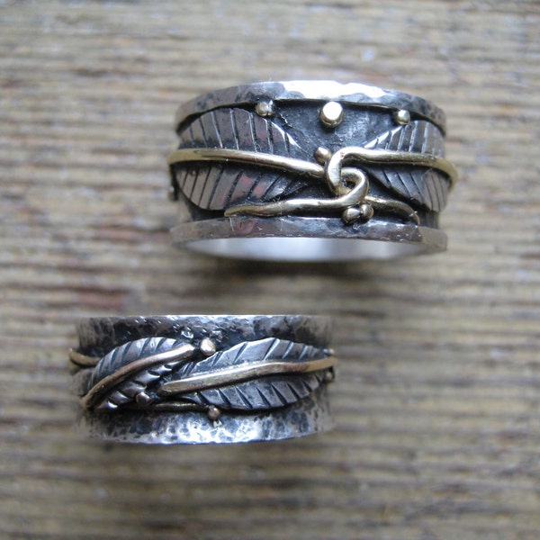 Rustic Wedding Rings--Sterling Silver and Recycled 14kt Gold SOLD
