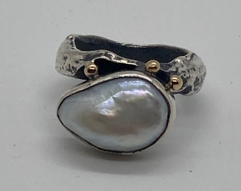 anillo de perlas de agua dulce y plata de primera ley y oro de 14k