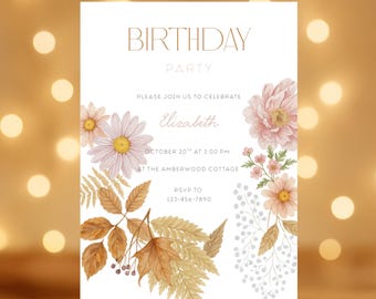May include: A white birthday party invitation with floral watercolor illustrations. The text reads "BIRTHDAY PARTY" and "Please join us to celebrate Elizabeth". Includes RSVP information and the date and time of the party.