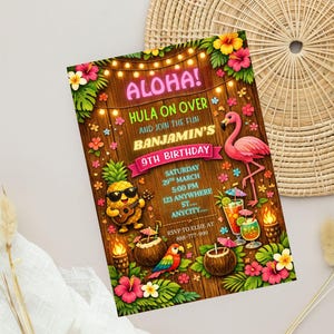 May include: A colorful invitation with a tropical theme. The invitation features the text "Aloha! Hula on Over" and "Benjamin's 9th Birthday". It includes a pink flamingo, a pineapple playing a ukulele, and various tropical flowers.