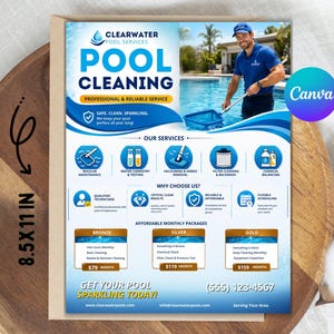 Mall för reklam för poolrengöring, redigerbar i Canva – Reklamreklam för poolservice – Reklamreklam för poolunderhåll – redigerbar Canva