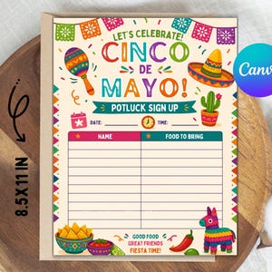 Cinco de Mayo Potluck Sign Up Sheet For Taco Fiesta Potluck Party, Canva Template