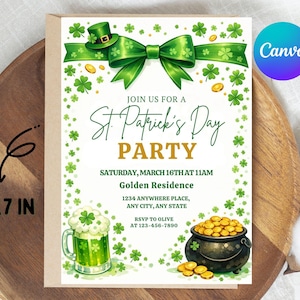 May include: A St. Patrick's Day party invitation, 5x7 inches, features a green bow, shamrocks, and a pot of gold. The invitation includes the text "Join us for a St. Patrick's Day Party" and event details.