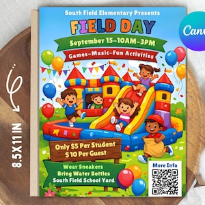Può includere: Un volantino colorato per un Field Day della South Field Elementary, con un castello gonfiabile con bambini che giocano. Il volantino include il testo "FIELD DAY" e i dettagli dell'evento. Il volantino misura 21,59 cm x 27,94 cm.