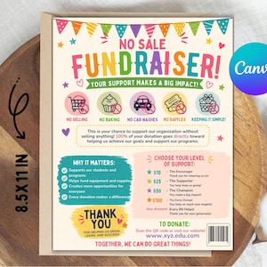 May include: A colourful fundraiser flyer with the text "NO SALE FUNDRAISER!" and "YOUR SUPPORT MAKES A BIG IMPACT!" The flyer includes icons and text explaining the fundraiser's purpose and how to donate. The flyer is 21.59 cm x 27.94 cm.