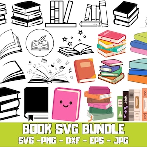 May include: A collection of book-themed SVG graphics in various styles, including stacks, open books, and line art. The image features a variety of colors and designs, with the text "BOOK SVG BUNDLE" at the bottom.