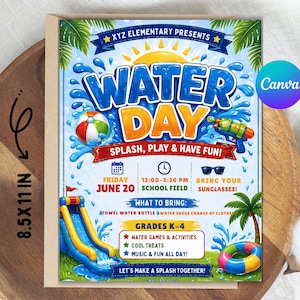 Può includere: Un volantino colorato per un evento Water Day, con il testo "WATER DAY" e illustrazioni di un pallone da spiaggia, una pistola ad acqua e uno scivolo acquatico. Il volantino misura 21,59 cm x 27,94 cm e include i dettagli dell'evento.