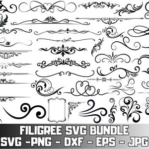 Puede incluir: Una colección de diseños de filigrana negros en varias formas y tamaños. La imagen incluye bordes decorativos, espirales y elementos florales. El texto en la parte inferior dice "Filigree SVG Bundle" con opciones de tipo de archivo: SVG, PNG, DXF, EPS y JPG.