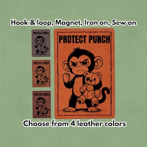 May include: An orange rectangular patch with the text "PROTECT PUNCH" and a cartoon monkey holding a teddy bear. Three smaller patches with the same design are displayed. The text "Hook & loop, Magnet, Iron on, Sew on" and "Choose from 4 leather colors" are also visible.