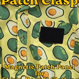 May include: A light yellow button-down shirt featuring a repeating avocado pattern with green skins and orange pits. A rectangular black magnetic patch panel is attached to the front chest pocket. The text Patch Clasp and Magnetic Patch Panel for Shirts, Bags & Clothing is visible.