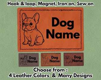 Custom Name and Image or 20 available Dog Designs – PU vegan Leather Patch  Magnet, Hook and Loop fastener, Iron on & Sew on