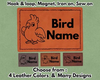 Custom Name and Image or 25 available Bird Designs – PU vegan Leather Patch  Magnet, Hook and Loop fastener, Iron on & Sew on