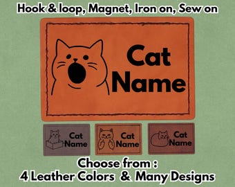 Custom Name and Image or 29 available Cat Designs – PU vegan Leather Patch  Magnet, Hook and Loop fastener, Iron on & Sew on