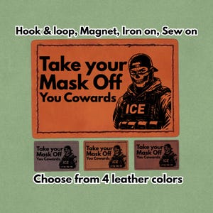 Op de afbeelding: Oranje patch met de tekst "Take your Mask Off You Cowards" en een figuur met een schedel. De patch is verkrijgbaar in vier leerkleuren en kan worden aangebracht met klittenband, magneet, opstrijkbaar of opgenaaid.
