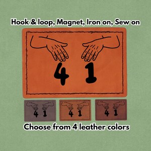 Puede incluir: Un parche de cuero naranja con los números "41" y el texto "Hook & loop, Magnet, Iron on, Sew on". Debajo, tres parches más pequeños en diferentes colores, cada uno con el mismo diseño. El texto "Choose from 4 leather colors" está en la parte inferior.