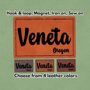 May include: An orange leather patch with the name "Veneta" in large black script and "Oregon" below. The image also shows three smaller patches in different colors and the text "Choose from 4 leather colors."