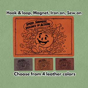 May include: Orange and black graphic patch featuring a smiling pitcher character with the text "SPEED, SURPRISE, VIOLENCE OF ACTION." Below are three smaller patches in different colors. The text "Choose from 4 leather colors" is also present.