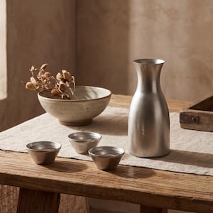 Puede incluir: Naturaleza muerta con una jarra de sake de metal cepillado y tres pequeñas tazas de sake. Un cuenco de cerámica con flores secas y una bandeja de madera también están sobre la mesa rústica. La escena está bañada en luz natural cálida.