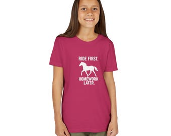 Camiseta de manga corta para jóvenes "Ride First Homework Later" / Camiseta de equitación