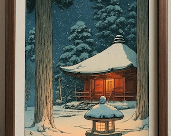 川瀬巴水作「雪の増上寺」日本美術版画、木版画、ジクレー、版画