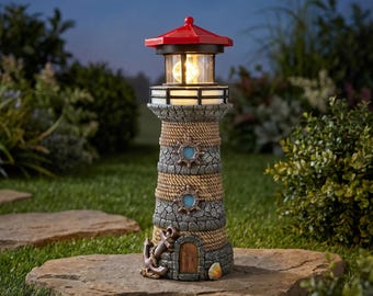 Solar Lighthouse Decor, Nautical Coastal Garden Accent, Beach House Gift for Patio Porch Outdoor Decor, Woodland Rustic Outdoor Layouts