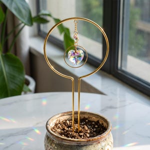 Crystal Suncatcher Plant Trellis with Celestial Design, Decorative Plant Support Stake for Houseplant Gift, Boho Window Botanical Accent image 6