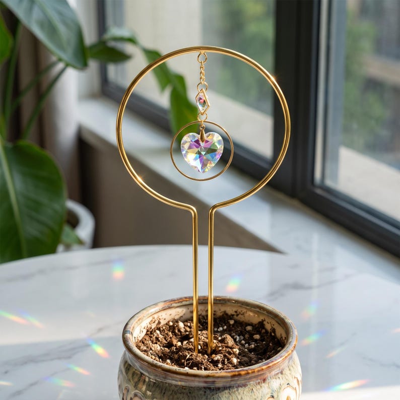 Crystal Suncatcher Plant Trellis with Celestial Design, Decorative Plant Support Stake for Houseplant Gift, Boho Window Botanical Accent image 6