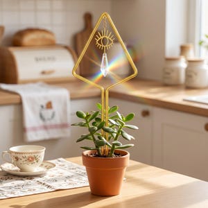 Crystal Suncatcher Plant Trellis with Celestial Design, Decorative Plant Support Stake for Houseplant Gift, Boho Window Botanical Accent image 3