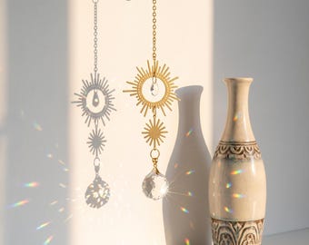 Crystal Sun Catcher, Celestial Sunburst Window Hanging Decor, Boho Home Gift, Rainbow Light Ornament