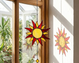 Stained Glass Sun Suncatcher, Celestial Window Hanging Decor, Sun Lover Gift, Boho Home Accent, Light-catching hanging decor,Boho home decor