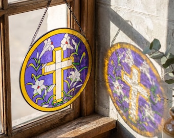 Glass Cross Hanging Ornament with Lily Design, Christian Window Decor Gift, Church Inspired Suncatcher